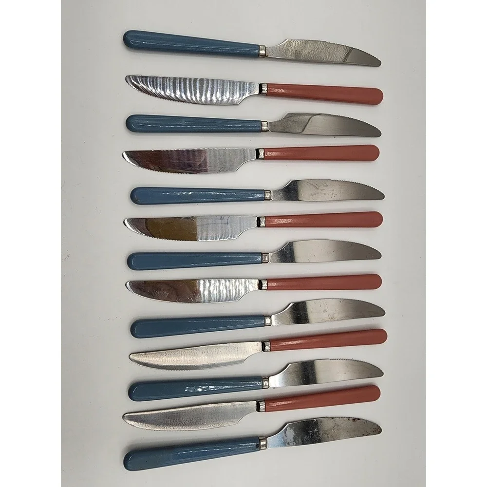 Vintage Flatware Set Stainless Steel Pink Blue Green MCM Colorful  Handles